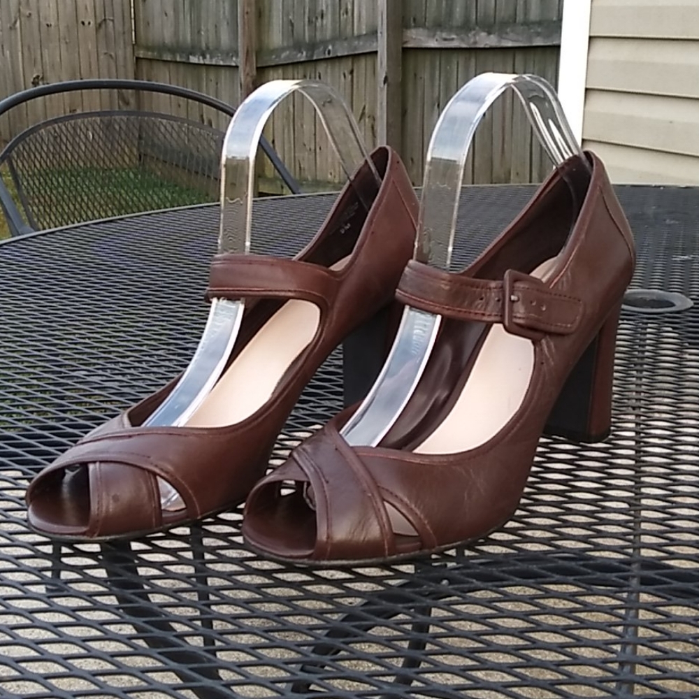 Brown mary jane open toe block heels